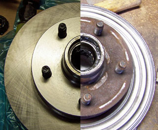 disc brake rotor split view, one half damaged